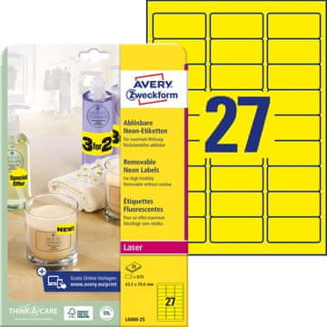 Avery Zweckform odstranljive etikete L6004-25, 63.5 x 29.6 mm, neonsko rumene, 675 etiket/zavitek, A4, barvne nalepke za tiskanje