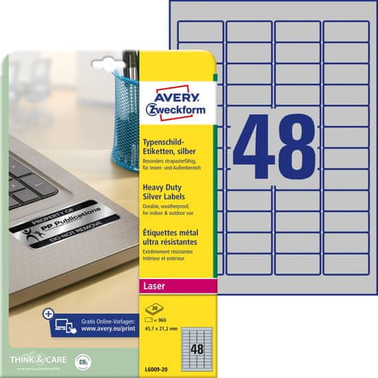 Avery Zweckform zelo odporne etikete L6009-20, 45.7 x 21.2 mm, srebrne etikete iz metaliziranega poliestra, A4, za tiskanje