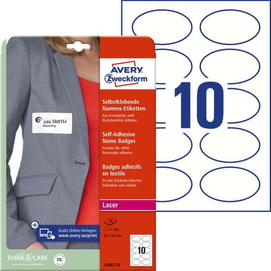 Avery Zweckform samolepilne priponke za imena L4882-20, ovalne 85 x 50 mm, 200 priponk/zavitek, 20 listov/zavitek, A4, identifikacijske kartice, za tiskanje z laserjem
