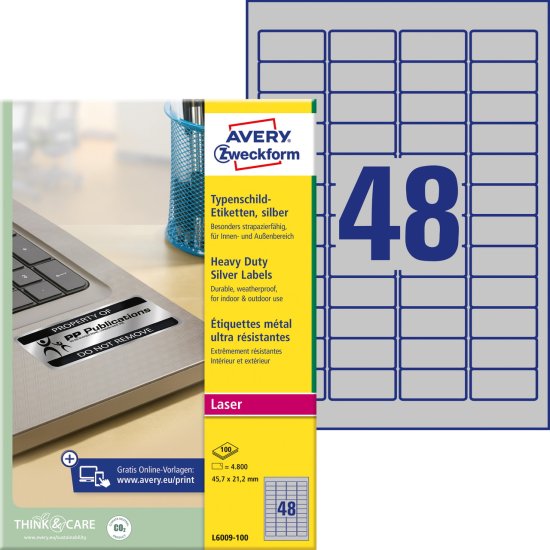 Avery Zweckform zelo odporne etikete L6009-100, 45.7 x 21.2 mm, srebrne etikete iz metaliziranega poliestra, A4, za tiskanje