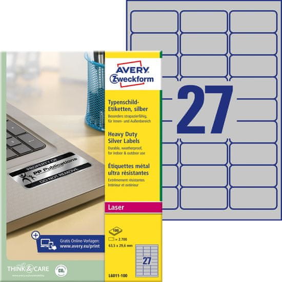 Avery Zweckform zelo odporne etikete L6011-100, 63.5 x 29.6 mm, srebrne etikete iz metaliziranega poliestra, A4, za tiskanje