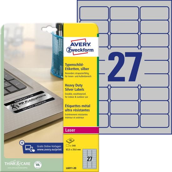 Avery Zweckform zelo odporne etikete L6011-20, 63.5 x 29.6 mm, srebrne etikete iz metaliziranega poliestra, A4, za tiskanje