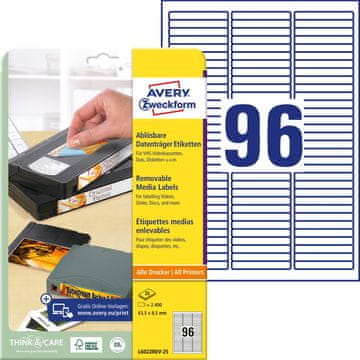 Avery Zweckform etikete za medije L6022REV-25, 63.5 x 8.5 mm, za VHS, odstranljive, A4, za tiskanje