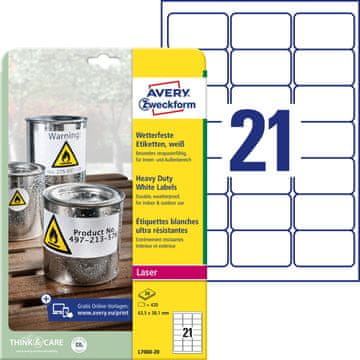 Avery Zweckform zelo odporne etikete L7060-20, 63.5 x 38.1 mm, bele poliestrske etikete, A4, za tiskanje