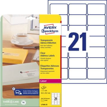 Avery Zweckform transparentne mat etikete L7560-25, 63.5 x 38.1 mm, A4, prozorne