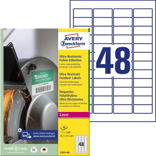 Avery Zweckform izjemno odporne etikete L7911-40, 45.7 x 21.2 mm, bele polietilenske etikete, A4, za tiskanje