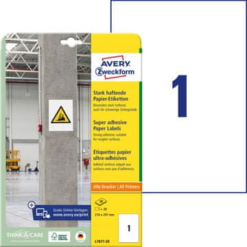 Avery Zweckform papirne etikete s super močnim lepilom L7877-20, 210 x 297 mm, 20 etiket/zavitek, A4