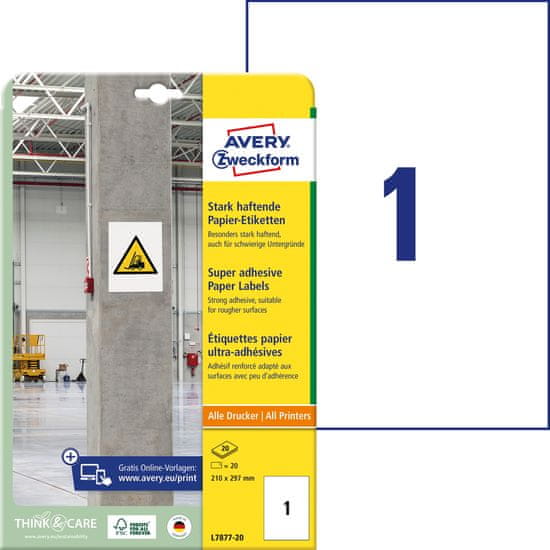 Avery Zweckform papirne etikete s super močnim lepilom L7877-20, 210 x 297 mm, 20 etiket/zavitek, A4