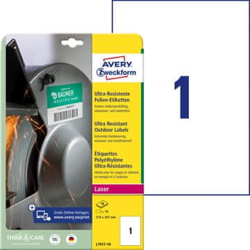 Avery Zweckform izjemno odporne etikete L7917-10, 210 x 297 mm, bele polietilenske etikete, A4, za tiskanje