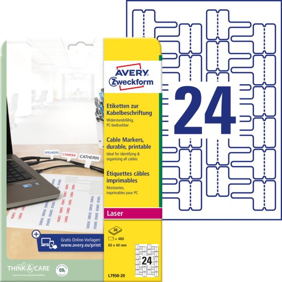 Avery Zweckform etikete za kable L7950-20, 60 x 40 mm, 480 etiket/zavitek, A4, za tiskanje