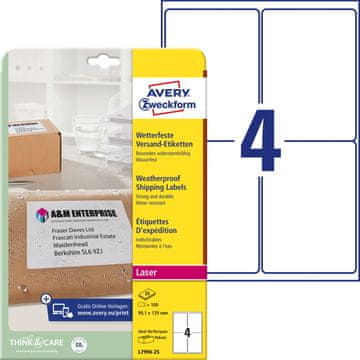 Avery Zweckform vremensko odporne etikete L7994-25, 99.1 x 139 mm, 100 etiket/zavitek, A4, za tiskanje