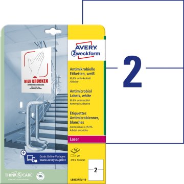 Avery Zweckform antibakterijske etikete L8002REV-10, 210 x 148 mm, bele, odstranljivo lepilo, 20 etiket/zavitek, A4, za tiskanje