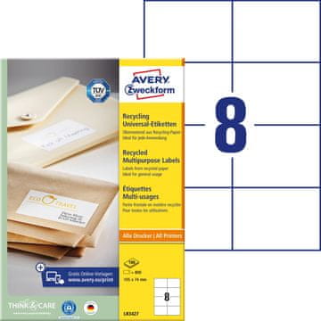 Avery Zweckform univerzalne reciklirane etikete LR3427, 105 x 74 mm, naravno bele, A4, za tiskanje