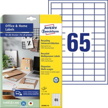 Avery Zweckform univerzalne reciklirane etikete LR3666-10, 38 x 21.2 mm, naravno bele, A4, za tiskanje