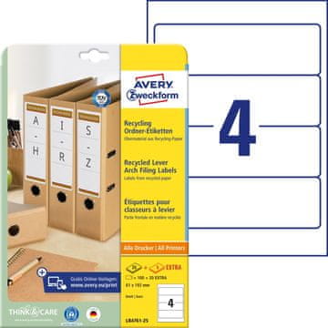Avery Zweckform reciklirane etikete za registratorje LR4761-25, 192 x 61 mm, naravno bele, A4, za tiskanje