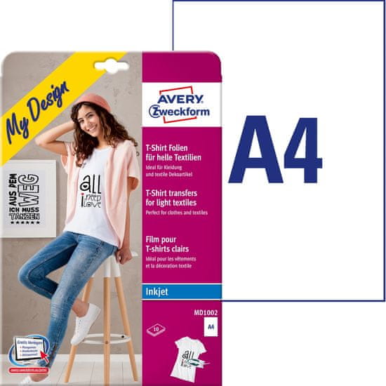 Avery Zweckform folije za preslikavo na svetle majice MD1002, 10 folij/zavitek, A4, za tiskanje