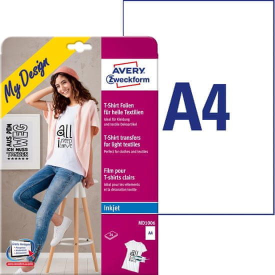 Avery Zweckform folije za preslikavo na svetle majice MD1006, 24 folij/zavitek, A4, za tiskanje