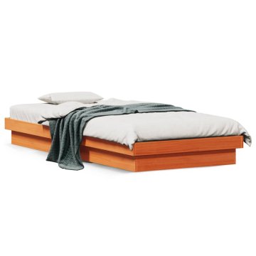 shumee vidaXL Posteljni okvir z LED osvetlitvijo rjave barve 90x190 cm masivni borov les
