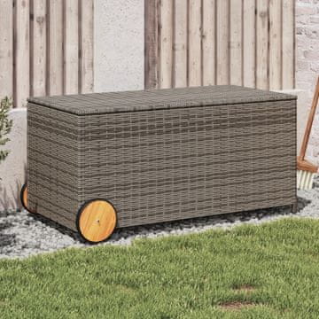Greatstore Vrtna škatla za shranjevanje s kolesi siva 190L poli ratan