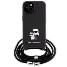 Karl Lagerfeld Ovitek Karl Lagerfeld za iPhone 15 – Black Crossbody Saffiano Metal Pin Karl & Choupette