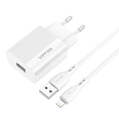 Vipfan E01 omrežni polnilnik, 1x USB, 2,4A + kabel Lightning (bela)