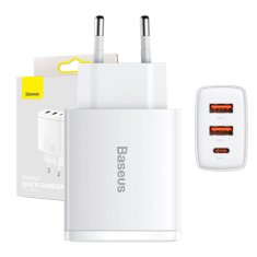 BASEUS kompaktni hitri polnilnik, 2xUSB, USB-C, PD, 3A, 30W (bel)