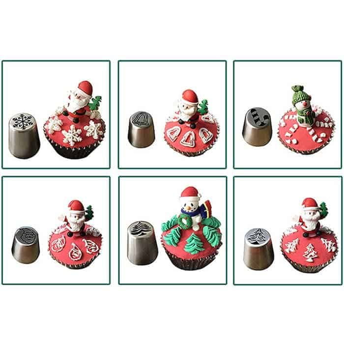 Netscroll Komplet za praznično dekoracijo tort in ostalih sladic, 15 božičnih motivov skupaj z vrečko za nadev, dekorativni brizgalni modelčki, enostavna uporaba, varni materiali, ChristmasNozzles