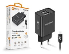 Aligator 2,4A pametni omrežni polnilnik, 2xUSB, pametni IC, črn, kabel micro USB