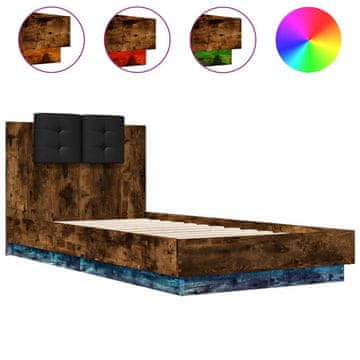 Vidaxl Posteljni okvir z vzglavjem in LED dimljeni hrast 75x190 cm