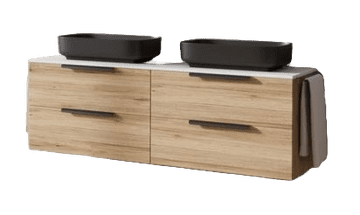 TBoss Kopalniška omarica z umivalnikoma Nola 140 cm, naraven hrast, pult bela visoki sijaj