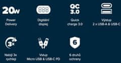 Canyon powerbank PB-301, 30000 mAh Li-poly QC 3.0&PD 20W, zaslon, vhod USB-C + micro USB, izhod 1x USB-C + 2x USB-A, bela
