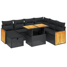 Greatstore Vrtna sedežna garnitura 8-delna z blazinami črn poli ratan