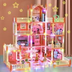Homey Hiša za punčke | Igralni dvorec | 11 sob, 4 punčke | Barvna LED osvetlitev