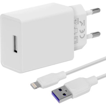 PAKET:ME potovalni polnilec USB-A 10W + kabel USB-A/svetloba 1m bele barve