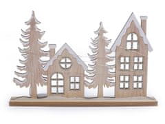 Lesena dekoracija zimskih hišic z LED lučkami - naravna barva.