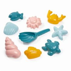 Ecoiffier igrača lopata v obliki školjke in 8 modelčkov za pesek