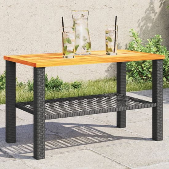 Greatstore Vrtna miza črna 70x38x42 cm poli ratan in akacijev les