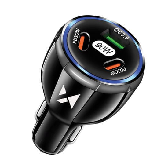 WOZINSKY Avtomobilski polnilec 2x USB-C 1x USB-A 90W PD QC črn