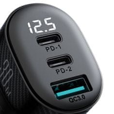 Joyroom Avtomobilski polnilec z zaslonom 2x USB-C USB-A 30W črn