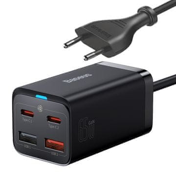 shumee GaN3 Pro hitri stenski polnilnik 2x USB-C / 2x USB 65W PD QC + USB-C kabel 1m črne barve
