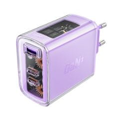 AceFast GaN omrežni polnilnik 65 W, 3 vrata, 1x USB, 2x USB-C, vijoličen