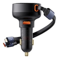 BASEUS Avtomobilski polnilnik z USB-A in zložljivim kablom USB-C iPhone 60W črn
