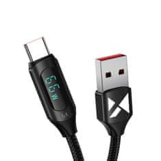 WOZINSKY Kabel USB-A - USB-C s prikazovalnikom LED 66W 6A 2m črn