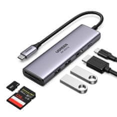 Ugreen 6v1 večfunkcijski USB-C HUB - 2x USB HDMI 4K čitalnik SD in TF kartic USB-C PD 100W siv