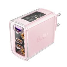 AceFast GaN omrežni polnilnik 65 W, 3 vrata, 1x USB, 2x USB-C, roza