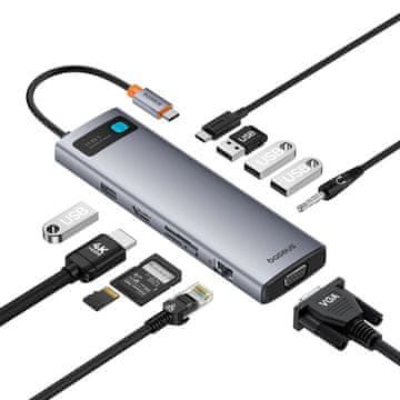 BASEUS 11-v-1 HUB adapter USB-C na USB-C PD, 4x USB, HDMI, VGA, AUX, RJ45, SD, TF, siv