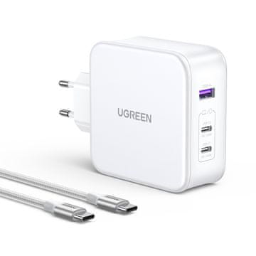 Ugreen GaN Nexode USB-A 2x USB-C 140W omrežni polnilnik + USB-C kabel 1,5 m, bel