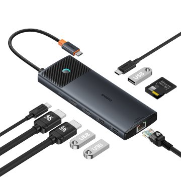 BASEUS 10-v-1 USB-C na USB-C PD Hub adapter / 3x USB-A / 2x HDMI / RJ-45 / SD / TF črn