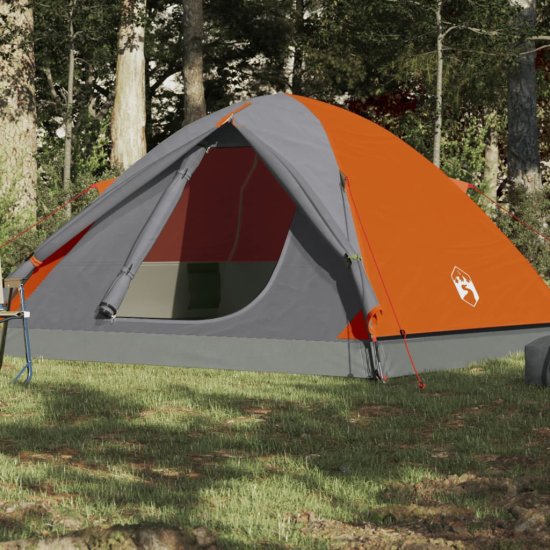 Greatstore Šotor za kampiranje za 6 oseb siv oranžen 348x340x190 cm 190T