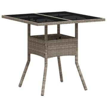 Vidaxl Vrtna miza s stekleno ploščo sv. siva 80x80x75 cm poli ratan